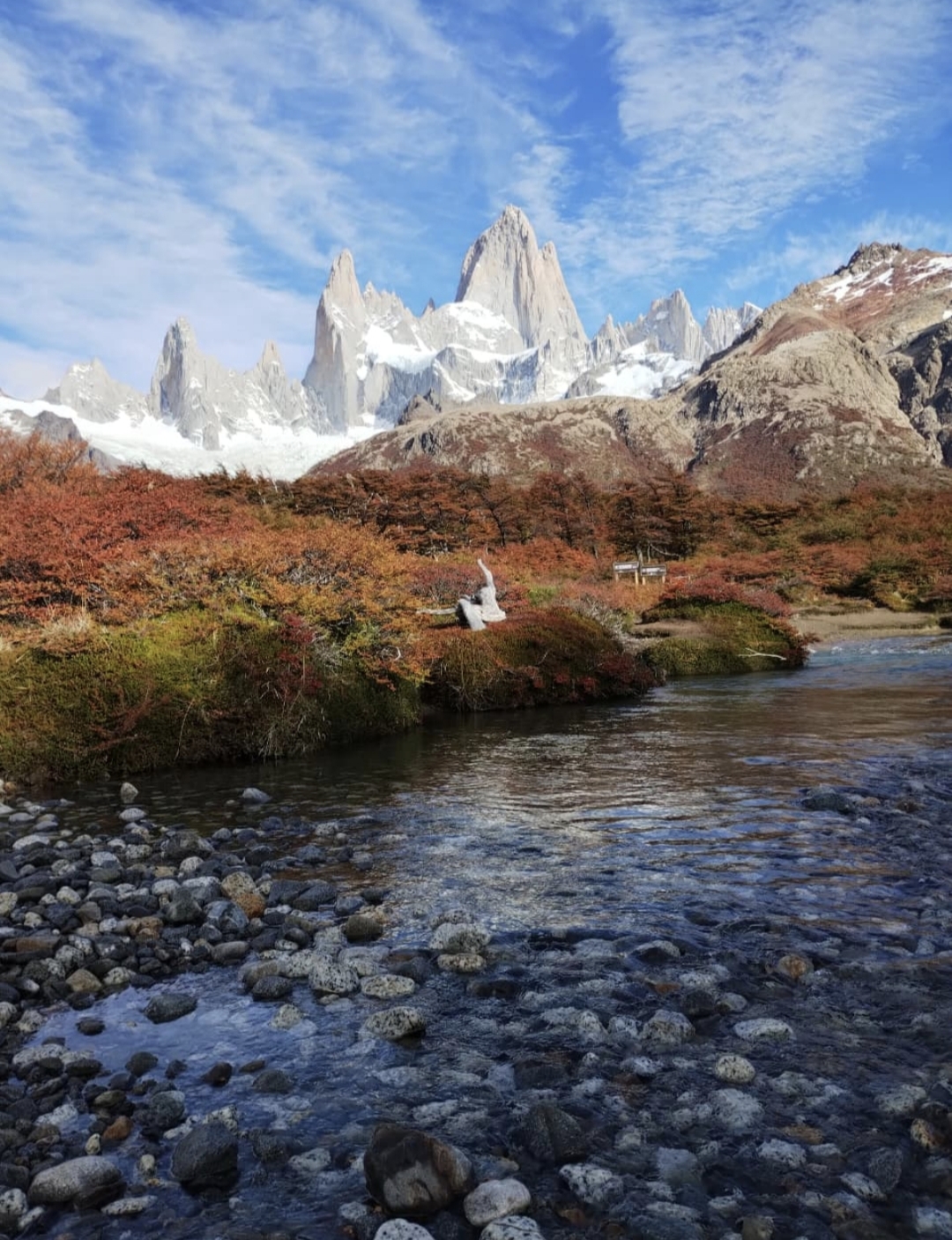Río de montaña y bosque otoñal frente al macizo del Fitz Roy